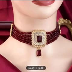 Women Beaded Choker Necklace with Rhinestone Accents