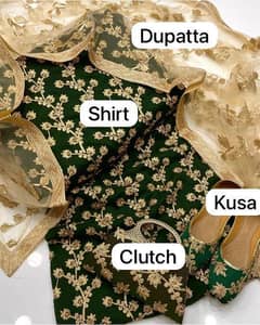 5 Pcs Crinkle Chiffon Embroidered Fancy Dress with Khussa & Clutch –