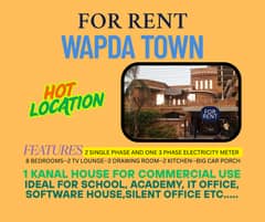 1 KANAL HOUSE FOR RENT IDEAL FOR SCHOOL AND IT OFFICE