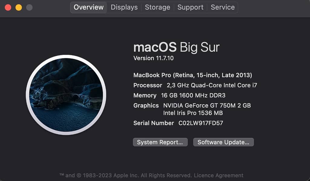 macOS Big sur, version 11.7. 10 , 16 GB ram, 500 GB SSD, never repaird 5