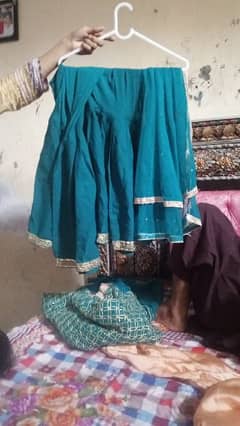 short frock with lahnga and sharara  with net dubbatta