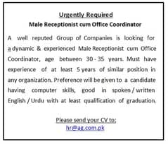 Male Receptionist cum Office Coordinator