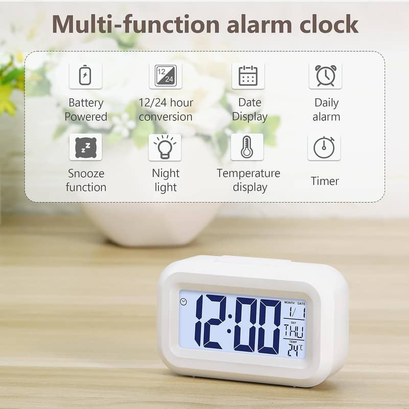 Digital Alarm Clock, Transparent LCD Display with Indoor Temperature, 6