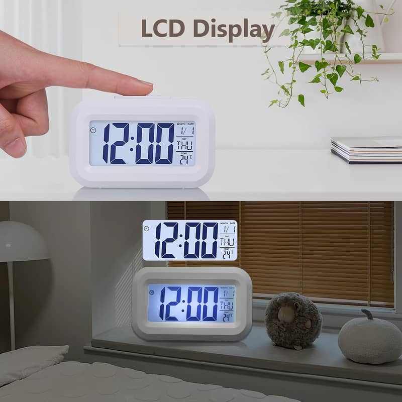 Digital Alarm Clock, Transparent LCD Display with Indoor Temperature, 8