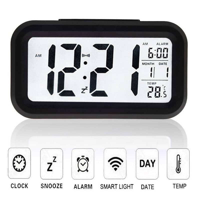 Digital Alarm Clock, Transparent LCD Display with Indoor Temperature, 18
