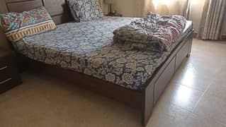 King Size Wooden Bed with Mattress + 2 Side Tables