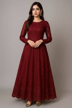 Women Ready to wear Mehroon Net embroidered long Maxi