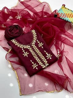 3 Pcs Women's Unstitched Fancy Katan Silk Embroidered Suit