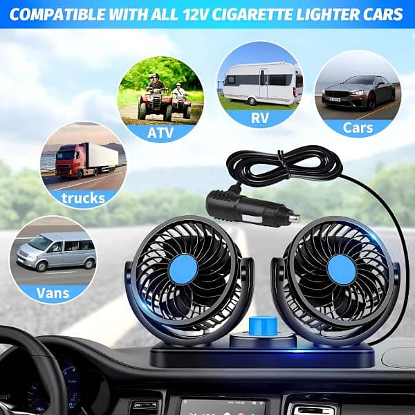F30 Dual-Headed 360° Rotating Car Fan with Low Noise & Adjustable 1