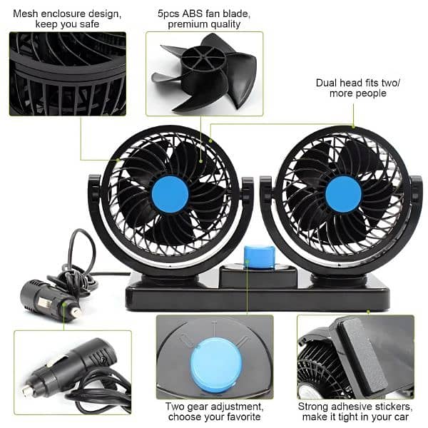 F30 Dual-Headed 360° Rotating Car Fan with Low Noise & Adjustable 6