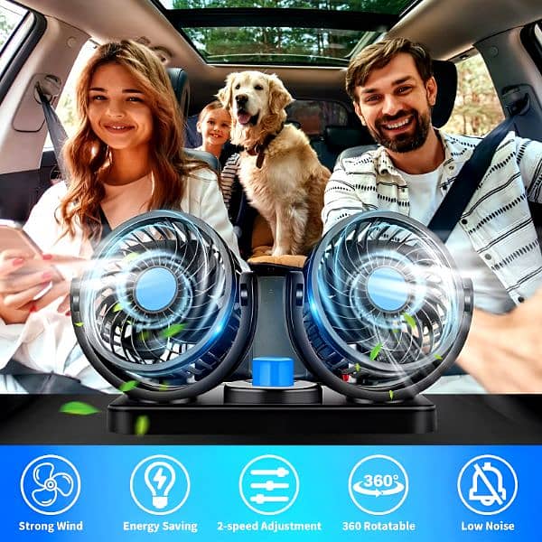F30 Dual-Headed 360° Rotating Car Fan with Low Noise & Adjustable 9