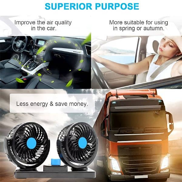 F30 Dual-Headed 360° Rotating Car Fan with Low Noise & Adjustable 11