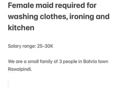 Domestic helper needed in bahria town phase 8 rawalpindi