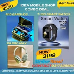 Ultimate Tech Bundle! T100 Smartwatch+M10 Earbuds+P9 ProMax Headphone