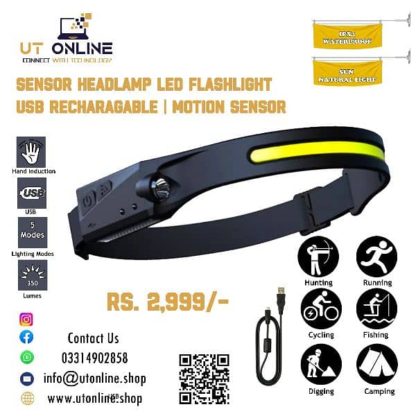 SENSOR HEADLAMP LED FLASHLIGHT USB RECHARAGABLE | MOTION SENSOR 0