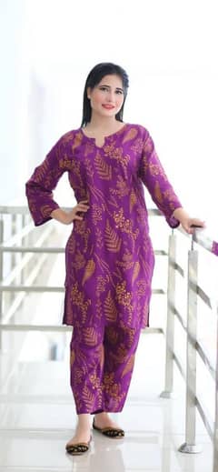 woman's stitched linen printed  shirt and trouser set 2 pcs