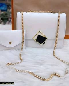 2 Pcs Leather Hand Bag With Long Golden Chain For Girls
