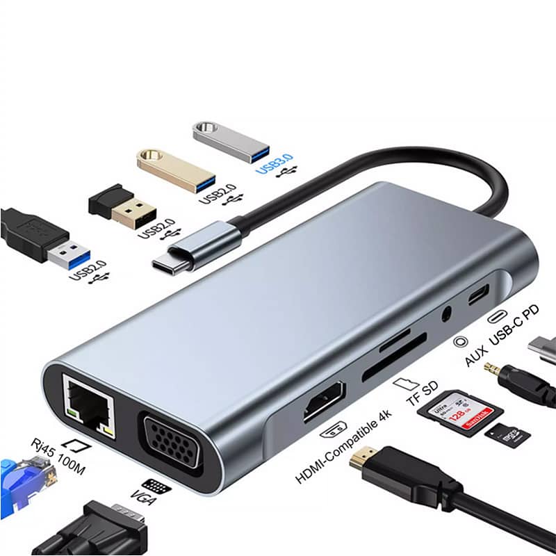 5 IN1 / 8 in 1 / 11 in 1 MULTIPORT TYPE C TO USB C 4K HDMI LAN VGA HUB 8