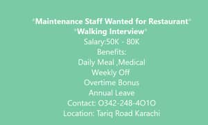 Maintenance Staff Wanted for Restaurant