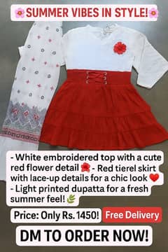 "Chic Summer Outfit for Girls! White Embroidered Top, Red Skirt & 1450