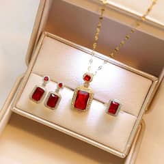 Ruby jewellery 3 PCs set ( earrings,necklace ,ring)