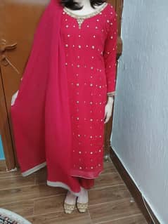 shocking pink 3 piece chiffon stitched dress