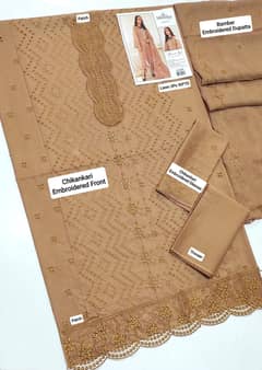 3 pcs women’s unstitched chikankari embroidered suit