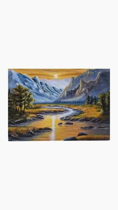 Hand-Painted Canvas Art – Mountain River Sunset Scene