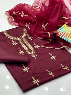 3 Pcs Women's Unstitched Fancy Katan Silk Embroidered suit