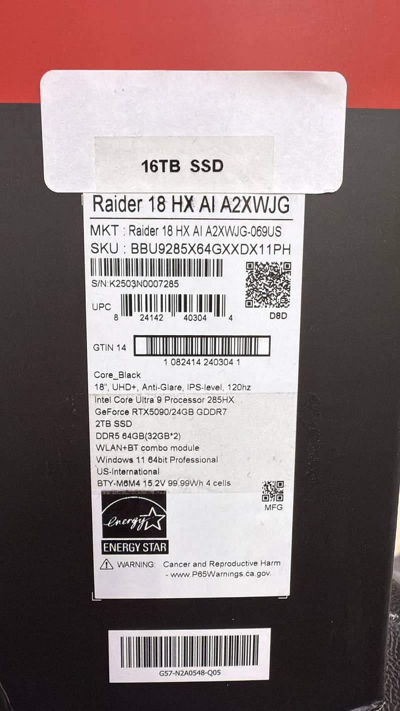 MSI Raider 18 HX AI A2XWJG-069US RTX 5090 Intel Core Ultra 9 285HX 2.1 0