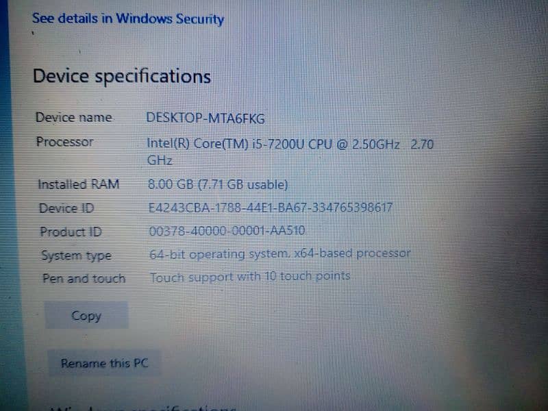 Device name: DESKTOP-MTA6FKG  Processor: Intel(R) Core(TM) i5-7200U 3
