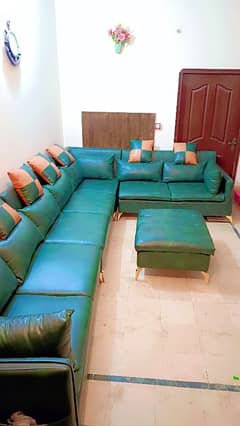 L shape genuine leather sofa set