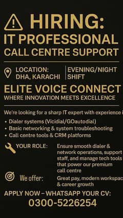 Required IT support person for EVC other positions also available.