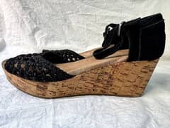TOMS Wedge Cork Platform Heels Womens Size 7 Black Ankle Strap Suede
