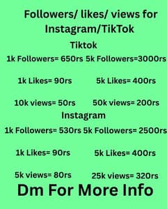 Instagram or TikTok All services likes , views, followers, etc
