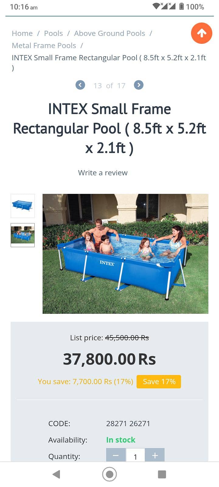 INTEX Small Frame Rectangular Pool ( 8.5ft x 5.2ft x 2.1ft 0
