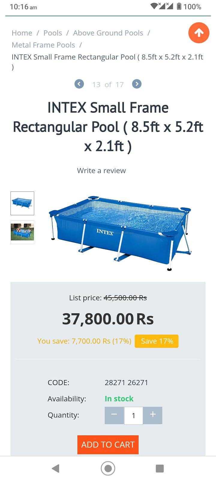 INTEX Small Frame Rectangular Pool ( 8.5ft x 5.2ft x 2.1ft 1