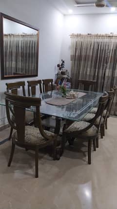  Elegant 8-Seater Glass Top Dining Table Set – Solid Wood, Excellent