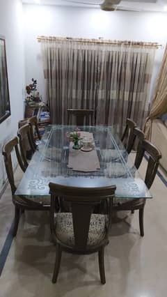 Dining Table //8-Seater Dining //Glass Top Dining Table Set–Solid Wood