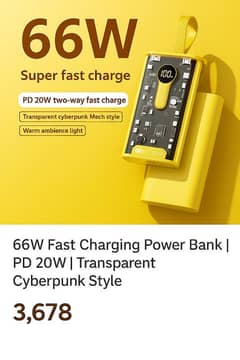 66W Fast Charging Power Bank | PD 20W | Transparent Cyberpunk Style