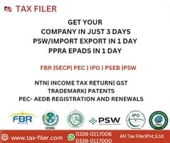 NTN,SRB,Filer ATL,PSEB,KCCI,PPRA,Sales tax,Return,Trademark,FBR,SECP