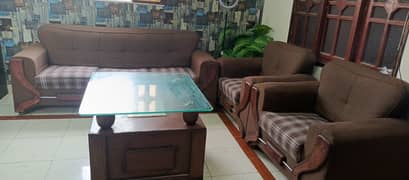 5 seater sofa set with big glass top wooden table