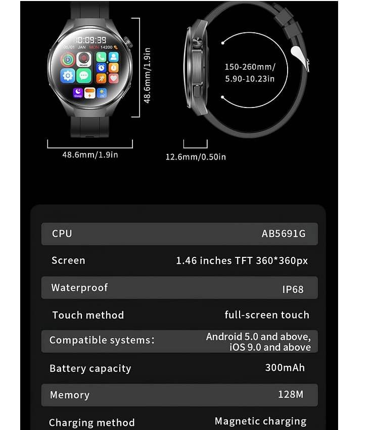 Spherical Video Watch Face Health Fitness Tracker Bluetooth Call Metal 16