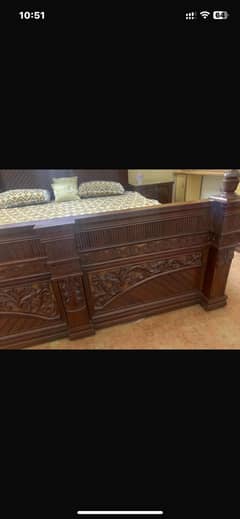 King size wooden sheeeham bed with side tables and dressing table