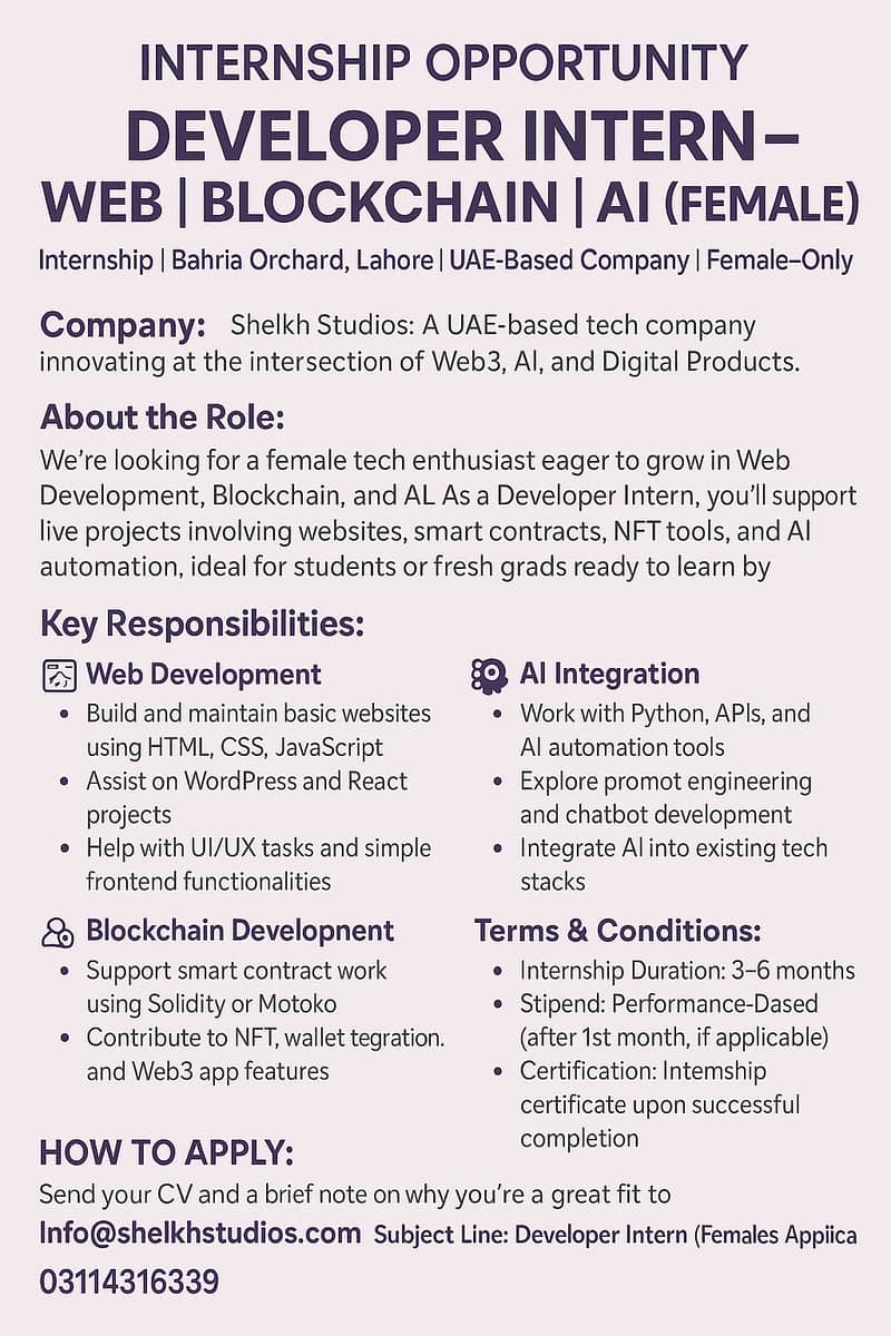 Developer Intern – Web | Blockchain | AI (Female) 0