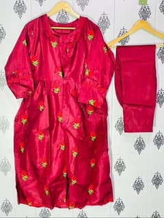 3 PCs women stitched gown suit in maroon katak silk with embroidered