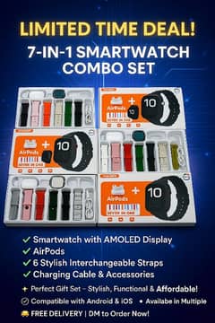 Smart watch 7 in 1 earbuds+6 straps+ wireless charger