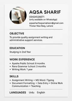 "Professional in Assignment writing and expert In MS office "