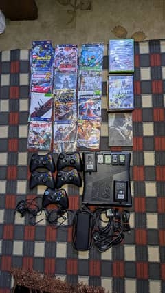 x-box 360 with 5 controllers and many games