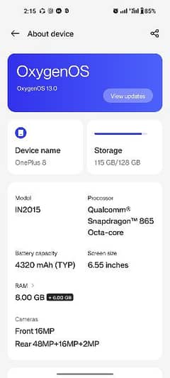 OnePlus 8 8+6 gb ram 128bgroom dual sim 13 update hi